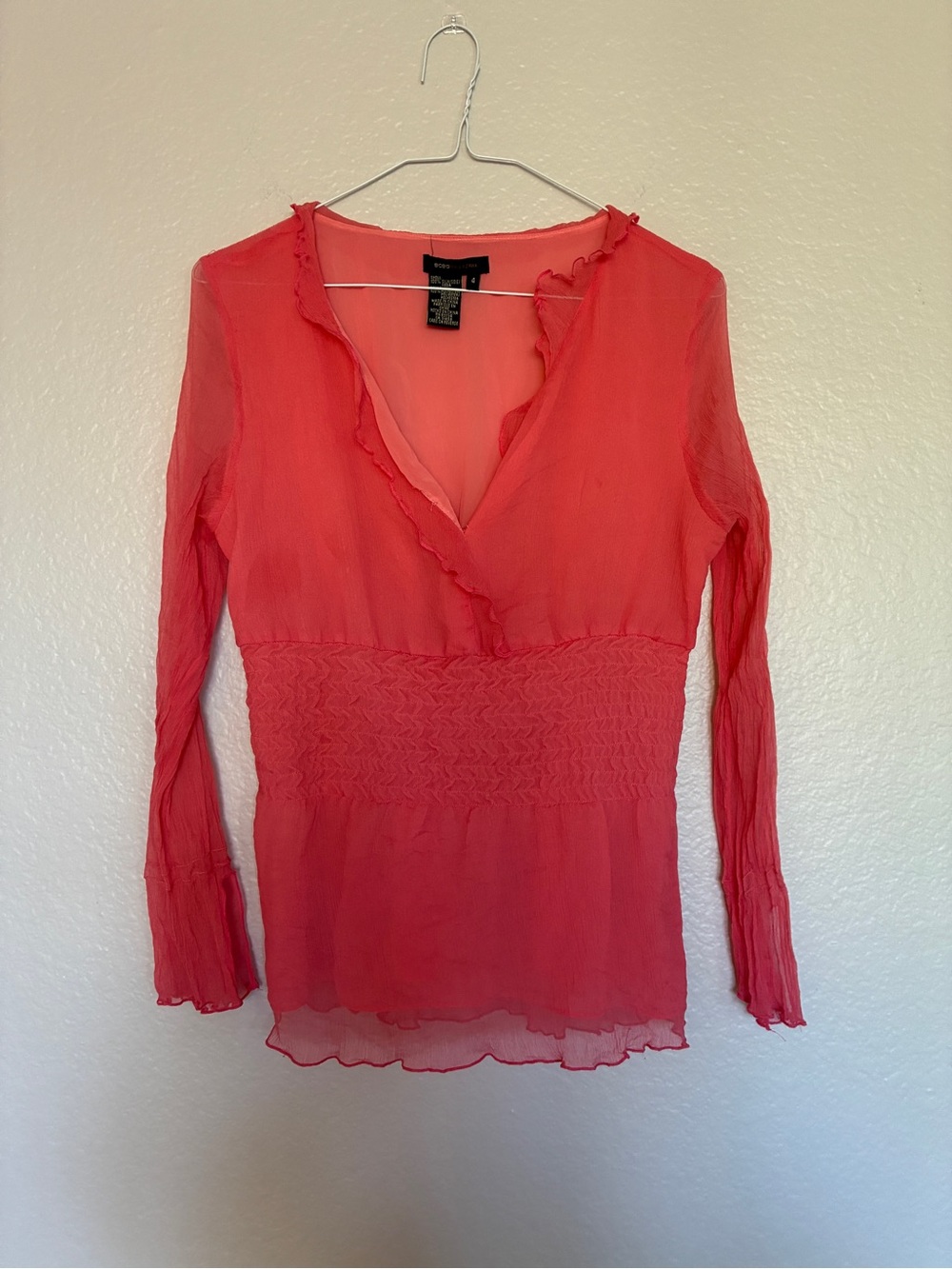 BCBG Silk Coral Pink Long-Sleeve Ruffle V-Neck Blouse Smocked Ruffle Hem Y2K